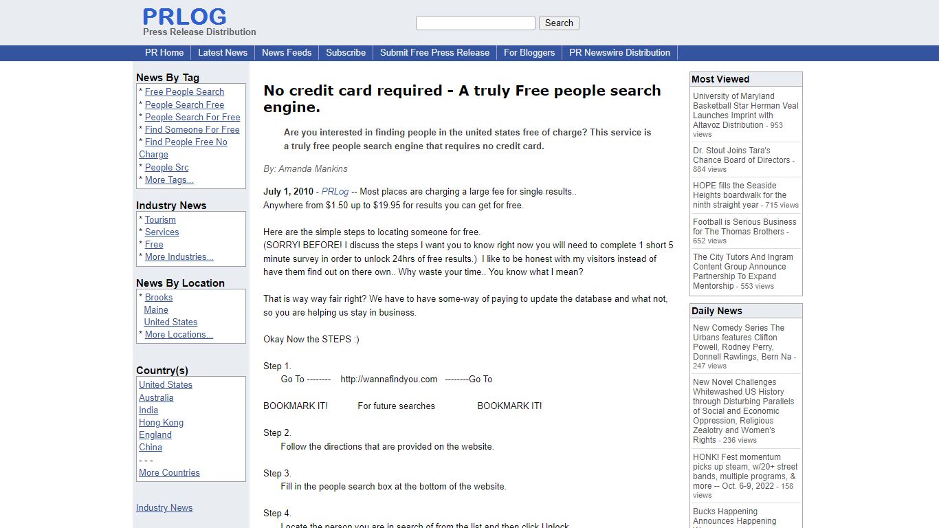 No credit card required - A truly Free people search engine.